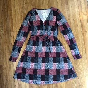Black, red and white check faux wrap short dress. NWT